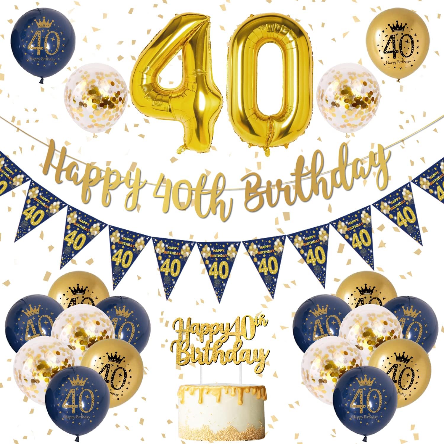 40th Birthday Decorations Men Blue Gold Happy 40th Birthday Banner, 40th Birthda...