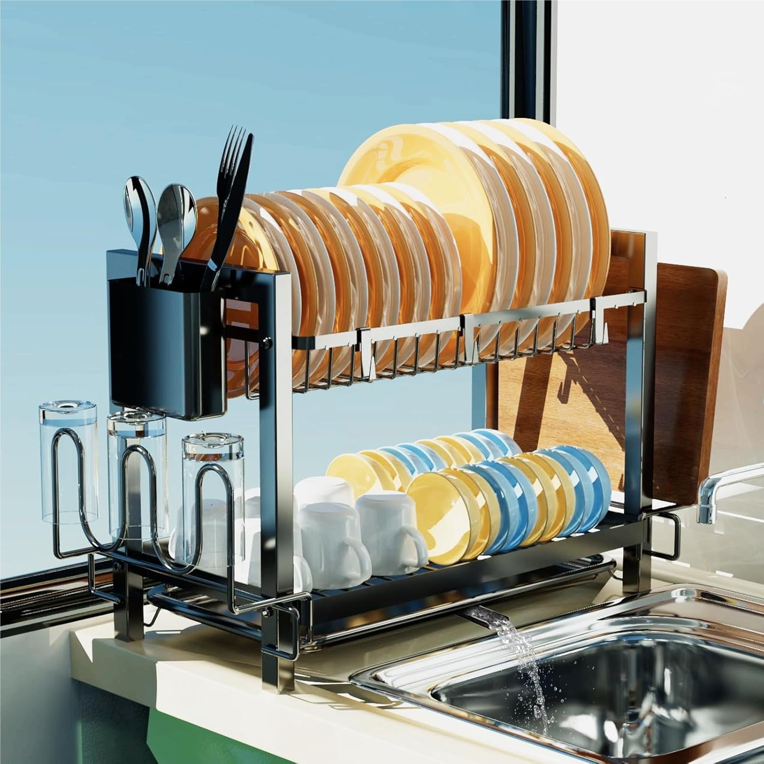 Yexati 2 Tier Dish Drying Rack,Large Capacity Dish Drainer,Kitchen Dish Rack Wit...