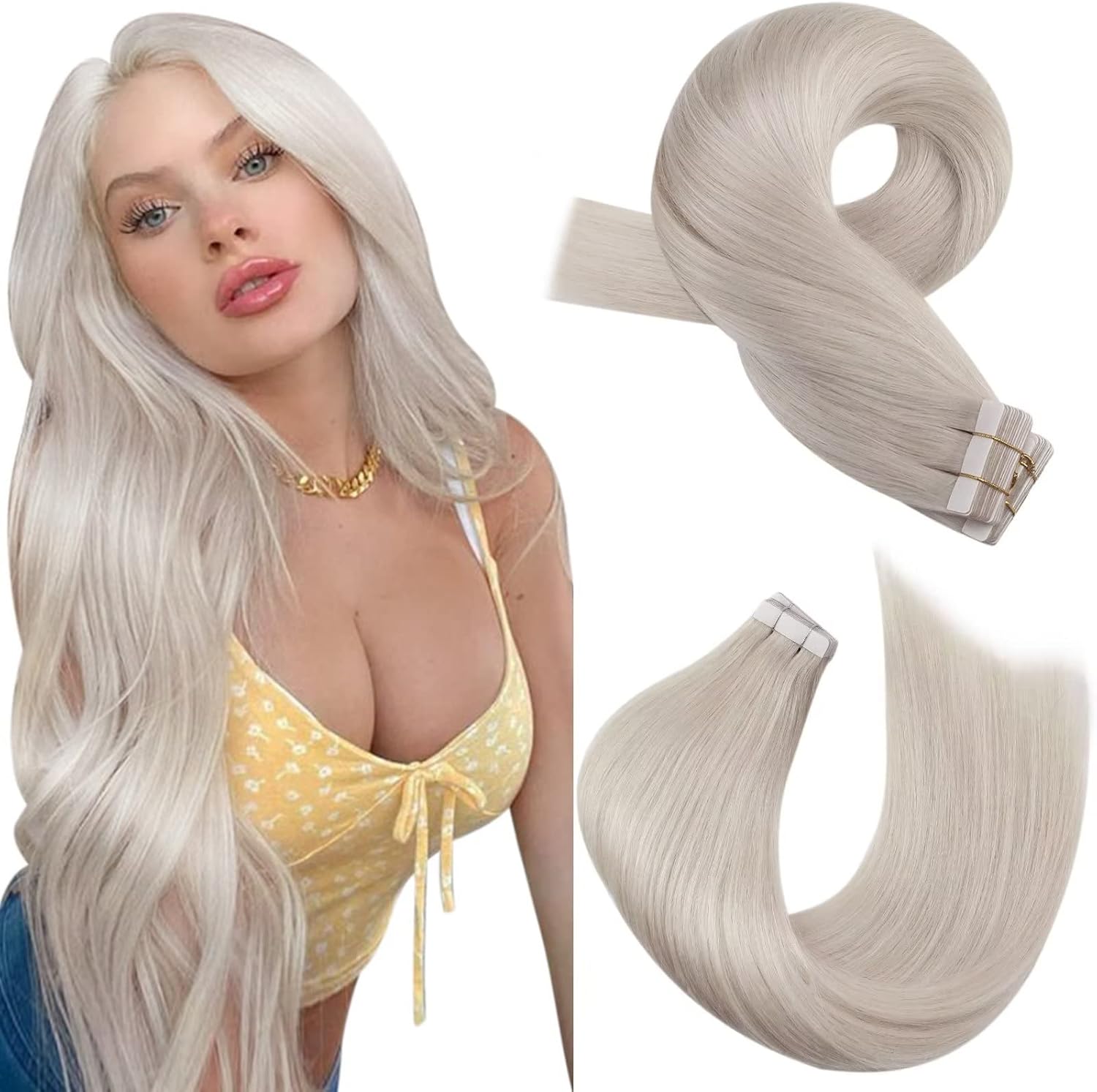 Moresoo Blonde Tape in Hair Extensions Human Hair 26 Inch White Blonde Human Hai...