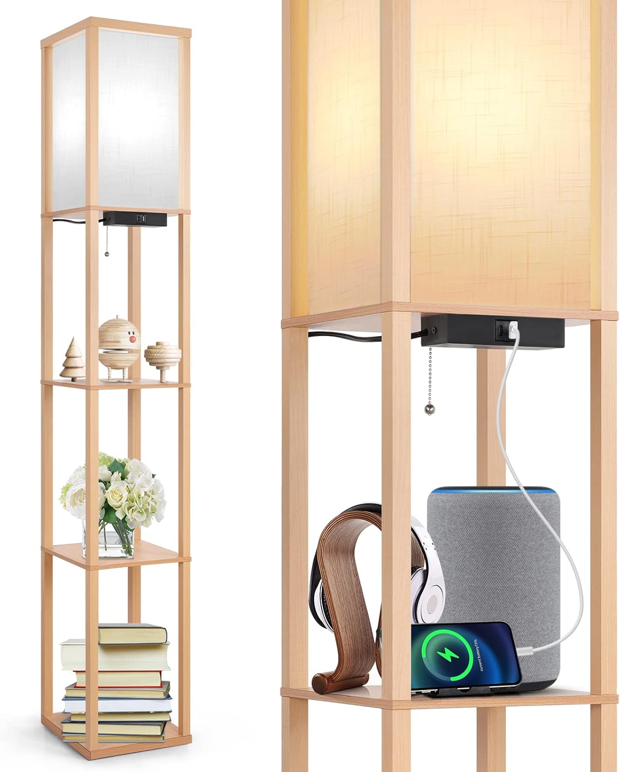 OUTON Floor Lamp with Shelves, LED Column Modern Floor Lamp with USB & Type C Po...