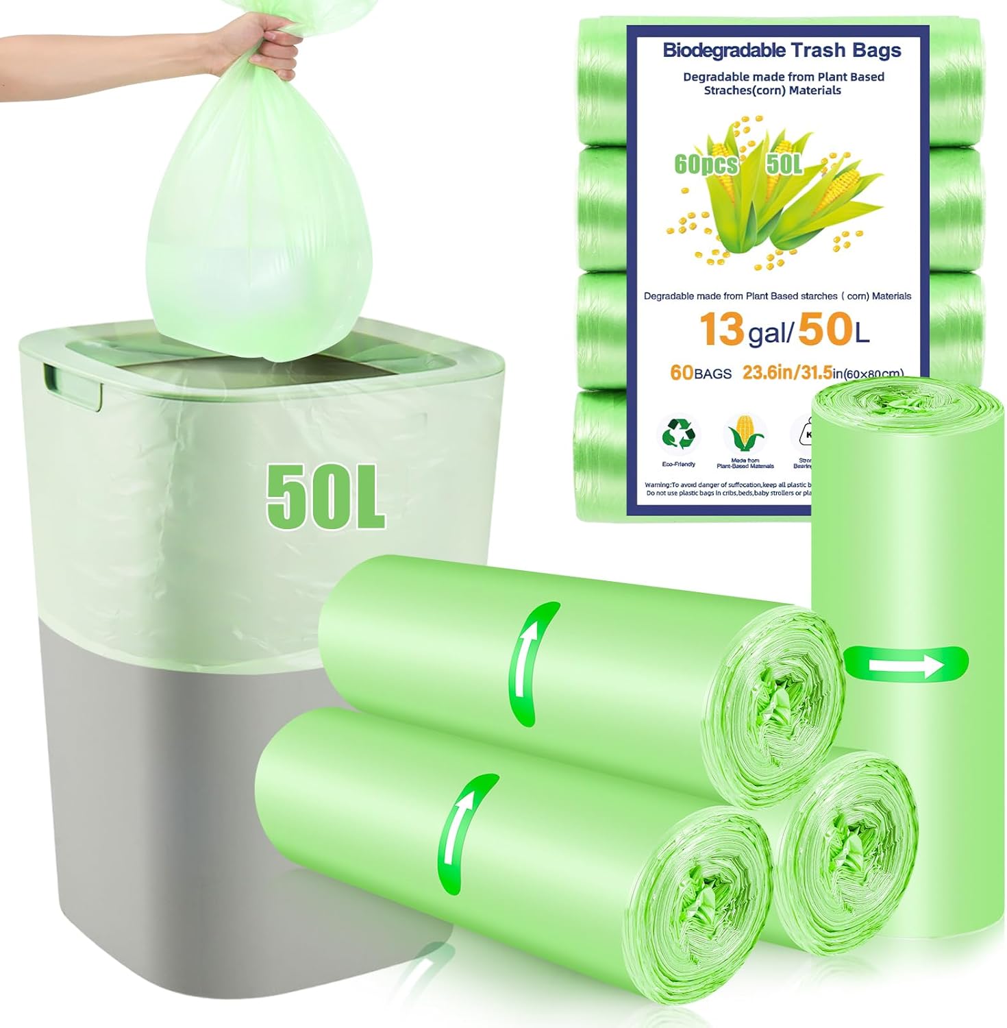 60 x 50 Litre Bin Lines, 13Gallon/50L large Garbage Bags Big Food Waste Bags for...