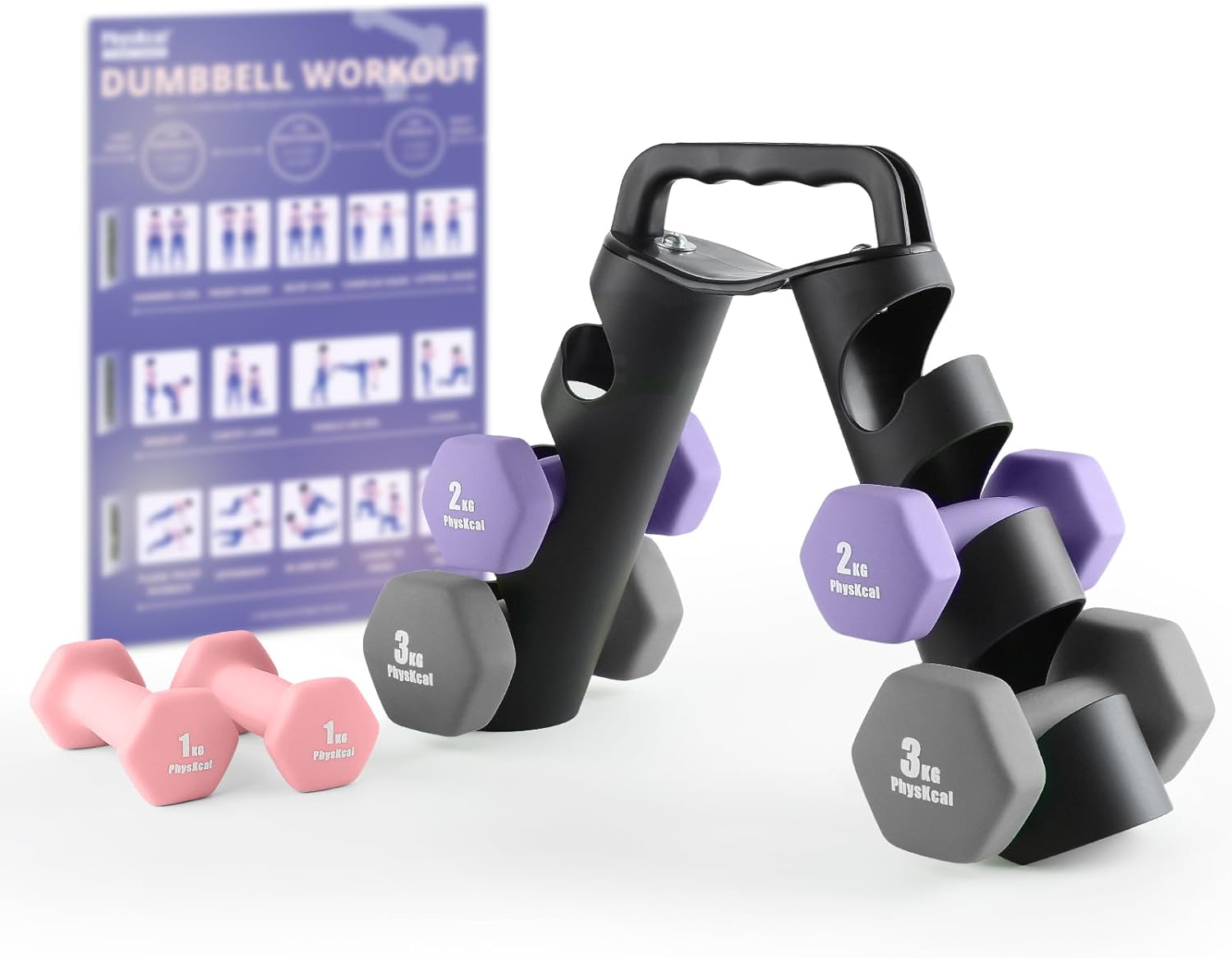 PhysKcal Dumbbells Set of 6 with Carry Rack, Hand Weights & Tree Set for Home Gy...
