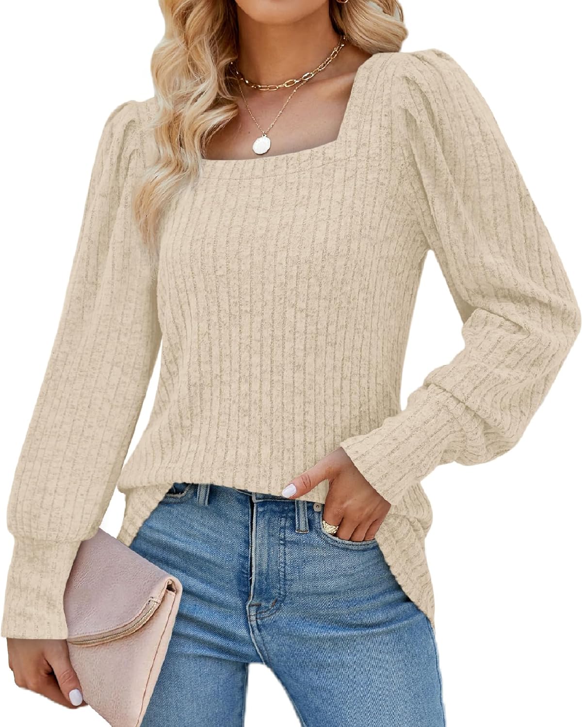 Aokosor Womens Long Sleeve Tops Ladies Square Neck Jumpers Puff Sleeves Sweatshi...