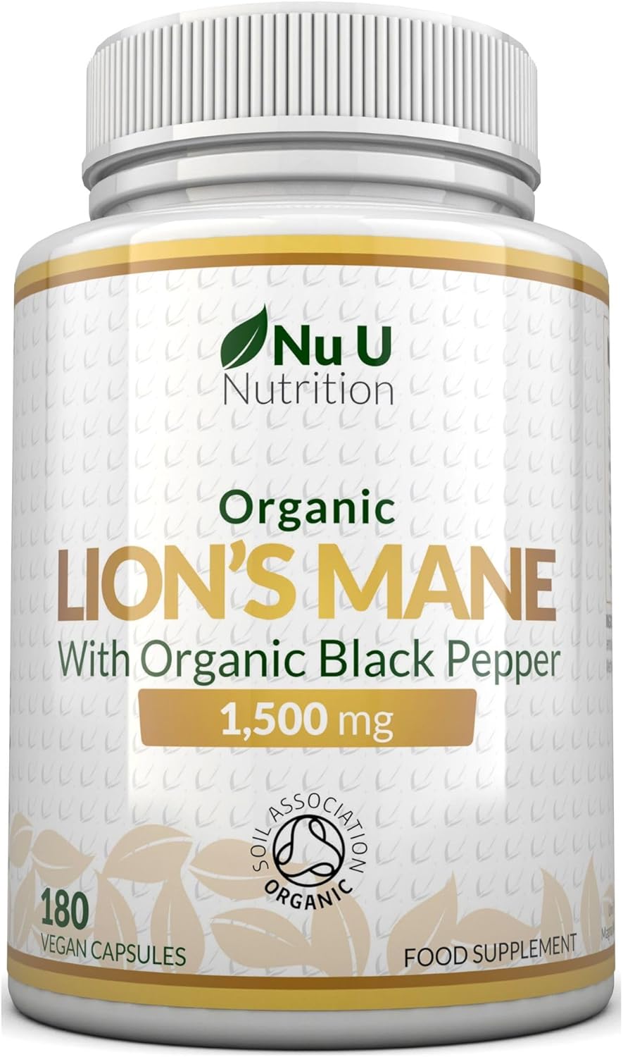 Organic Lions Mane Supplement 1500mg - 180 High Strength Vegan Capsules - 6 Mont...