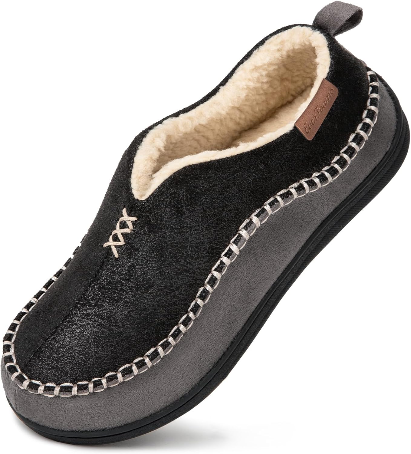 EverFoams Men's Micro Suede Memory Foam Moccasin Slippers with Fuzzy Sherpa Lini...