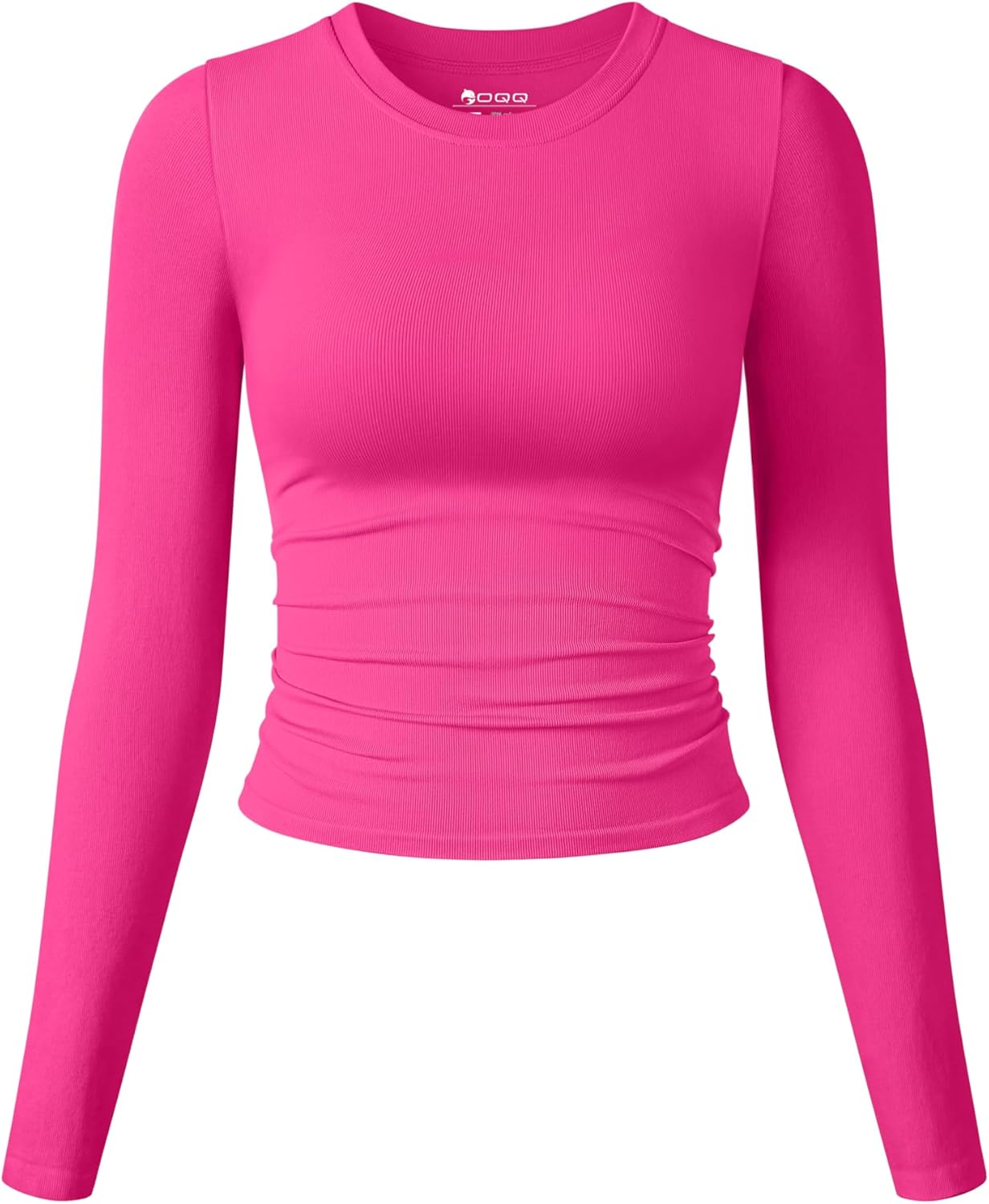 OQQ Womens Shirts Long Sleeve Crew Neck Ruched Stretch Basic Fitted Tee Shirts T...