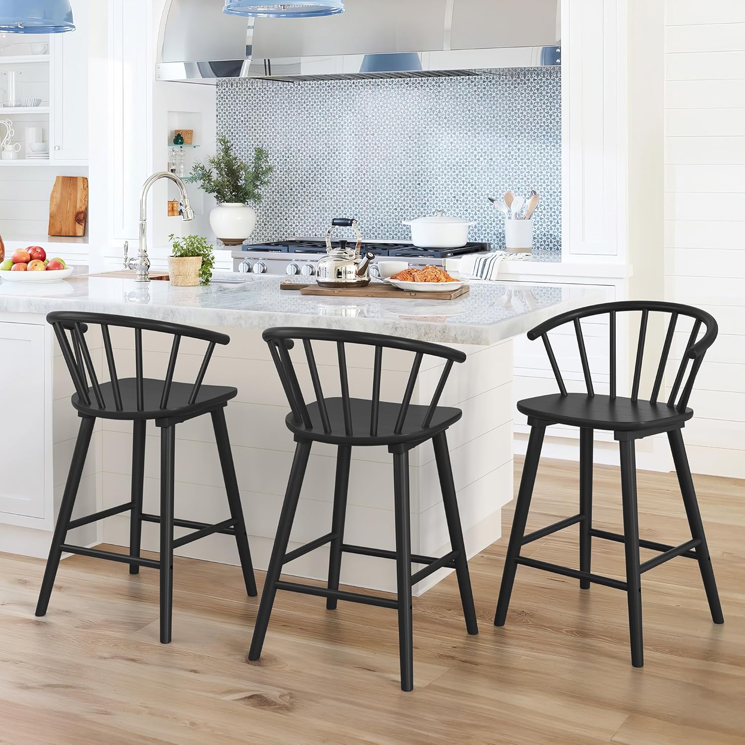 LUE BONA Wood Bar Stools with Semicircular Backrest, Black Farmhouse Barstools S...