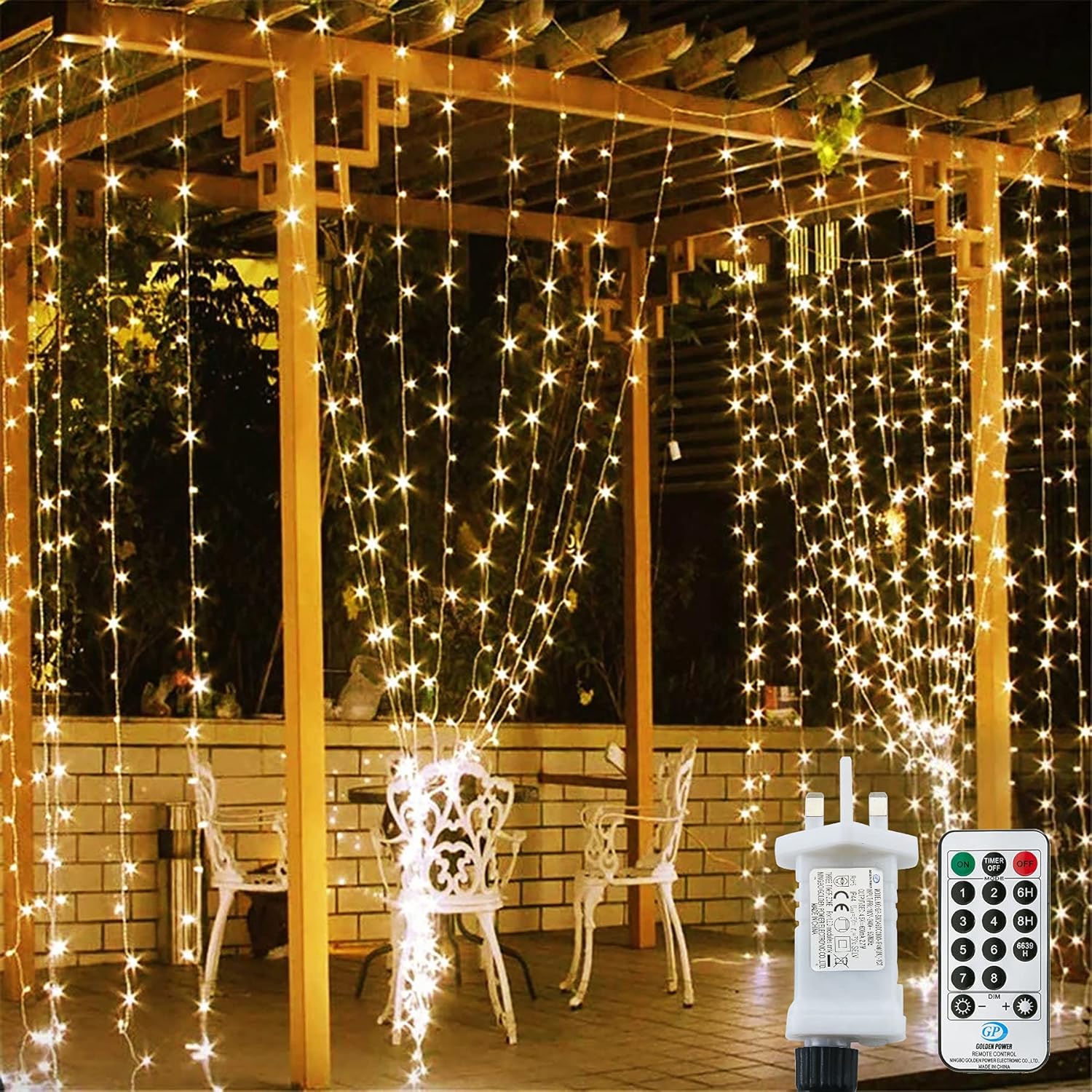 306 LED Curtain Lights Waterproof, 3m x 3m 8 Modes Warm White Window Fairy Light...