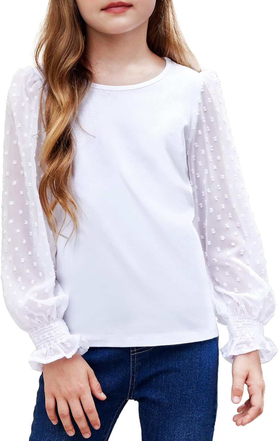 Arshiner Girls Long Sleeve Shirt with Smocked Ruffle Cuffs Polka Swiss Dots Kids...
