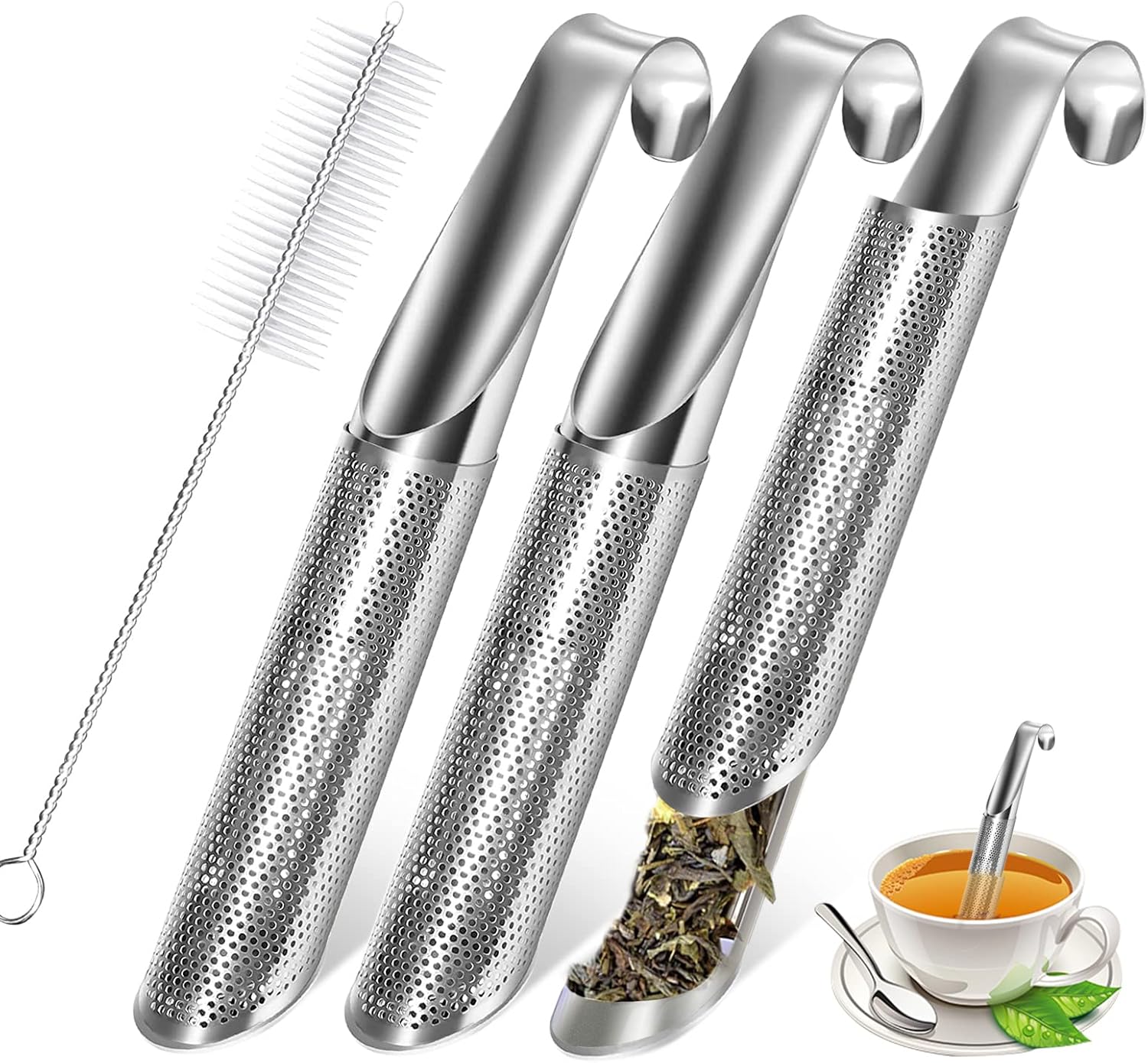 3 Pcs Tea Infuser and 1 Brush, Stainless Steel Tea Infuser Stick Pipe Tea Infuse...