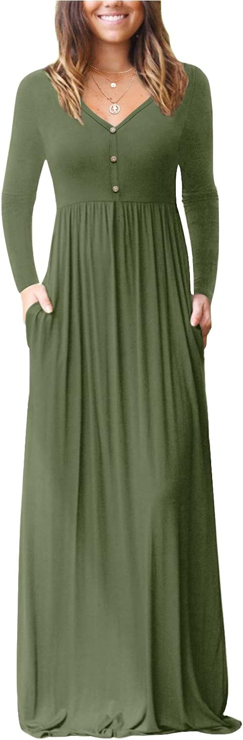GRECERELLE Womens Maxi Dress 2024 Long Sleeve V Neck Casual Button Boho Tshirt L...