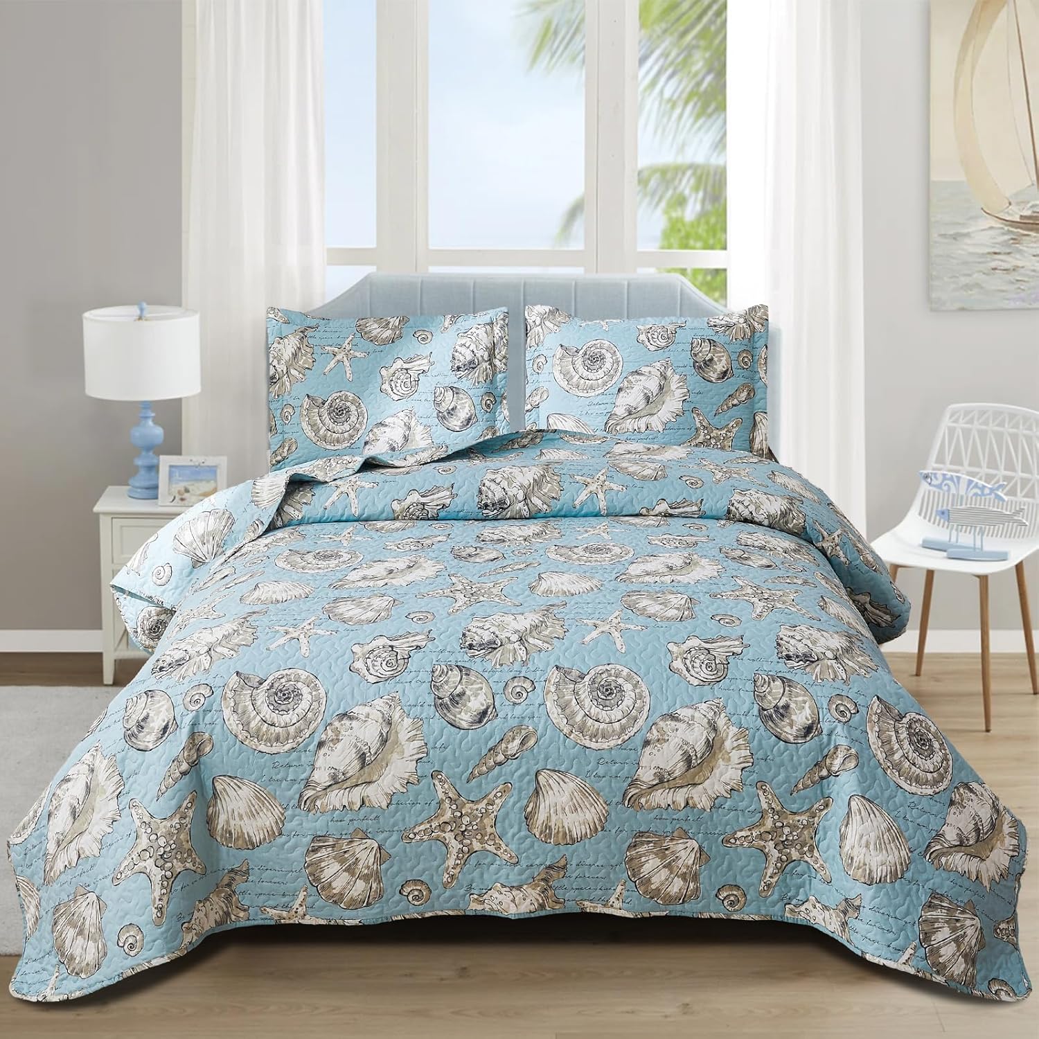 Beach Quilts Set Full/Queen Size Ocean Theme Bedspreads,3Pcs Seashell Conch Star...