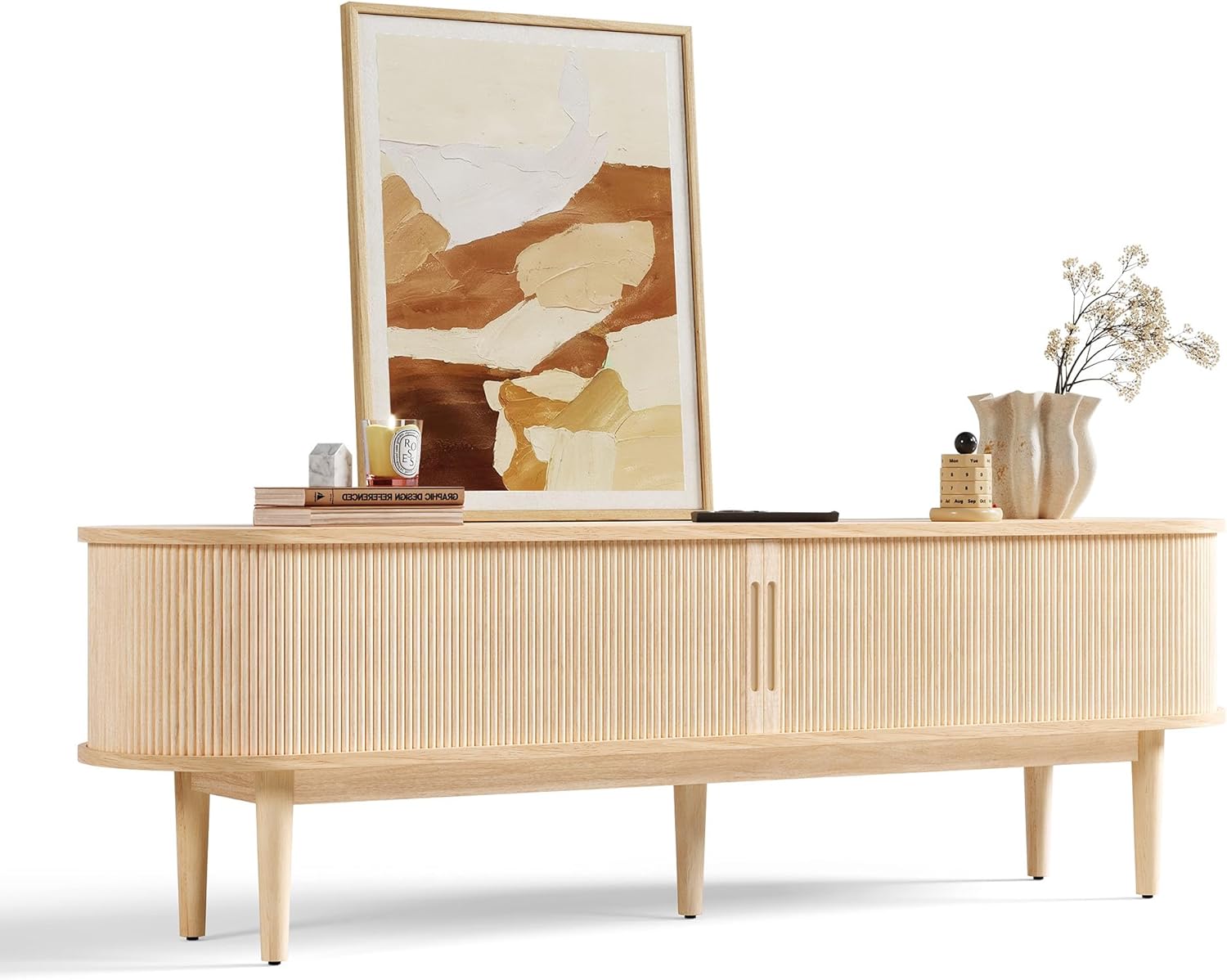 LINSY HOME Fluted TV Stand for 75" TV, Mid-Century Modern 70" Entertainment Cent...