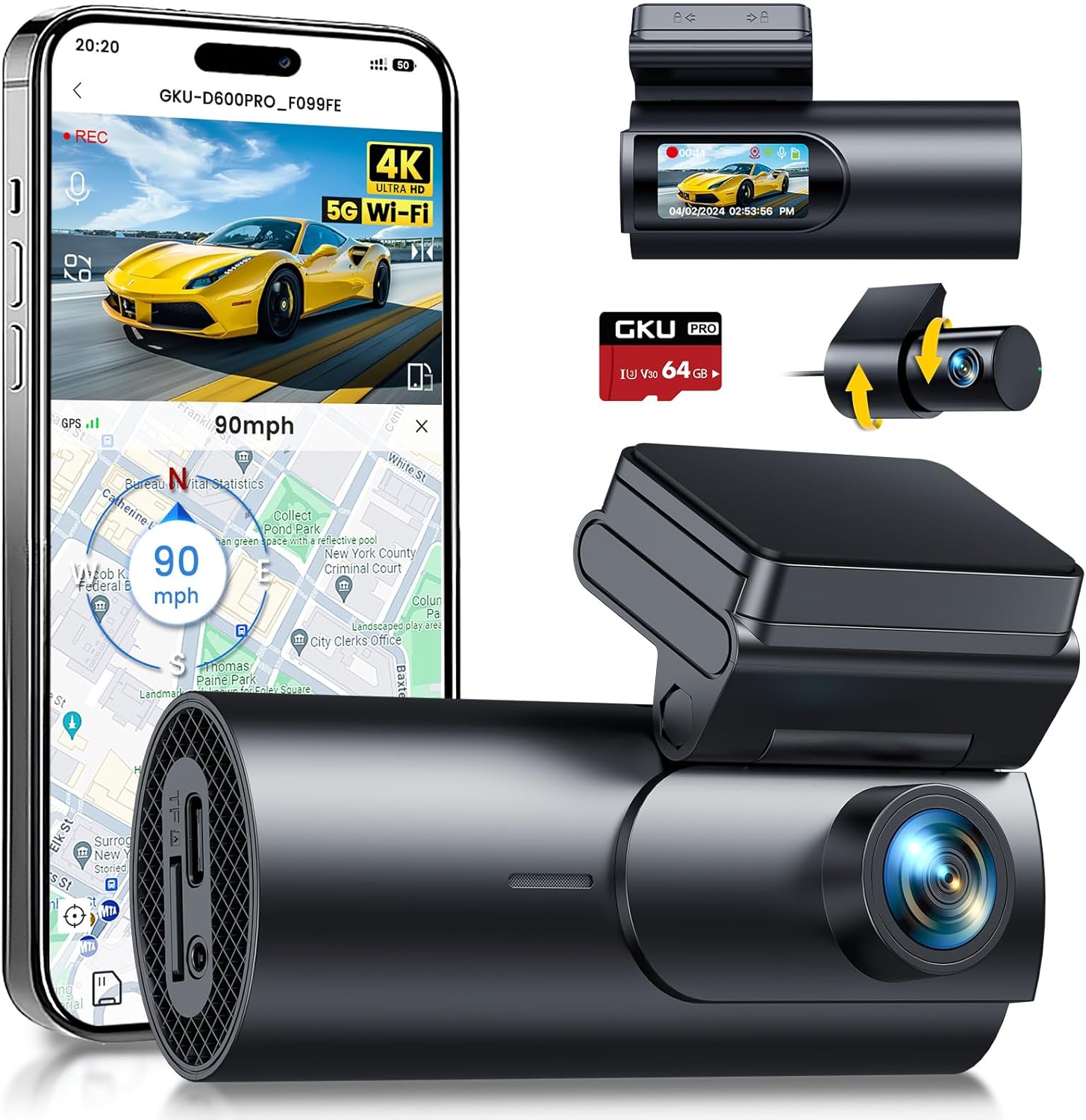 GKU Dash Cam Front and Rear Camera,4K+1080P, 5.8GHz WiFi & GPS Dash Camera for C...