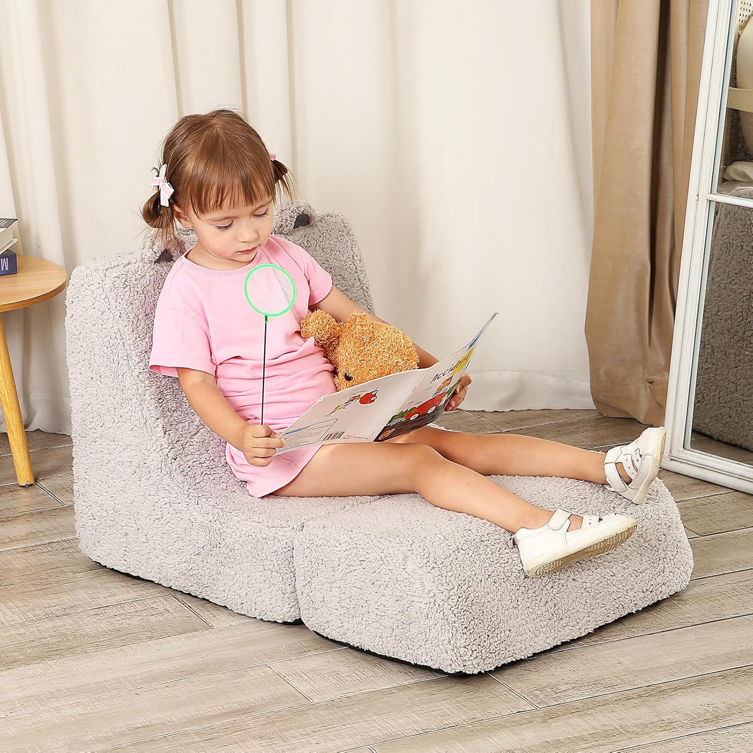 Cuddly Soft Toddler Couch with Cute Bear Ears, Kids Sherpa Lounge Sofa for Boys...