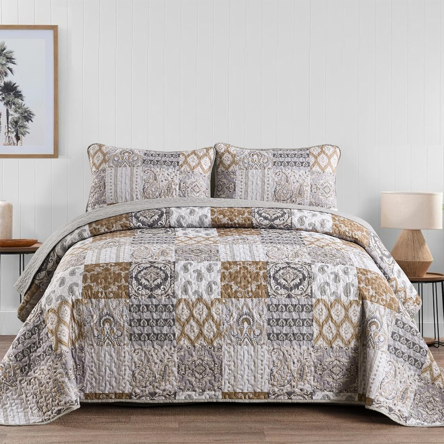 WONGS BEDDING Brown Quilt Set King Size, Patchwork Plaid Bedspread Bedding Sets...