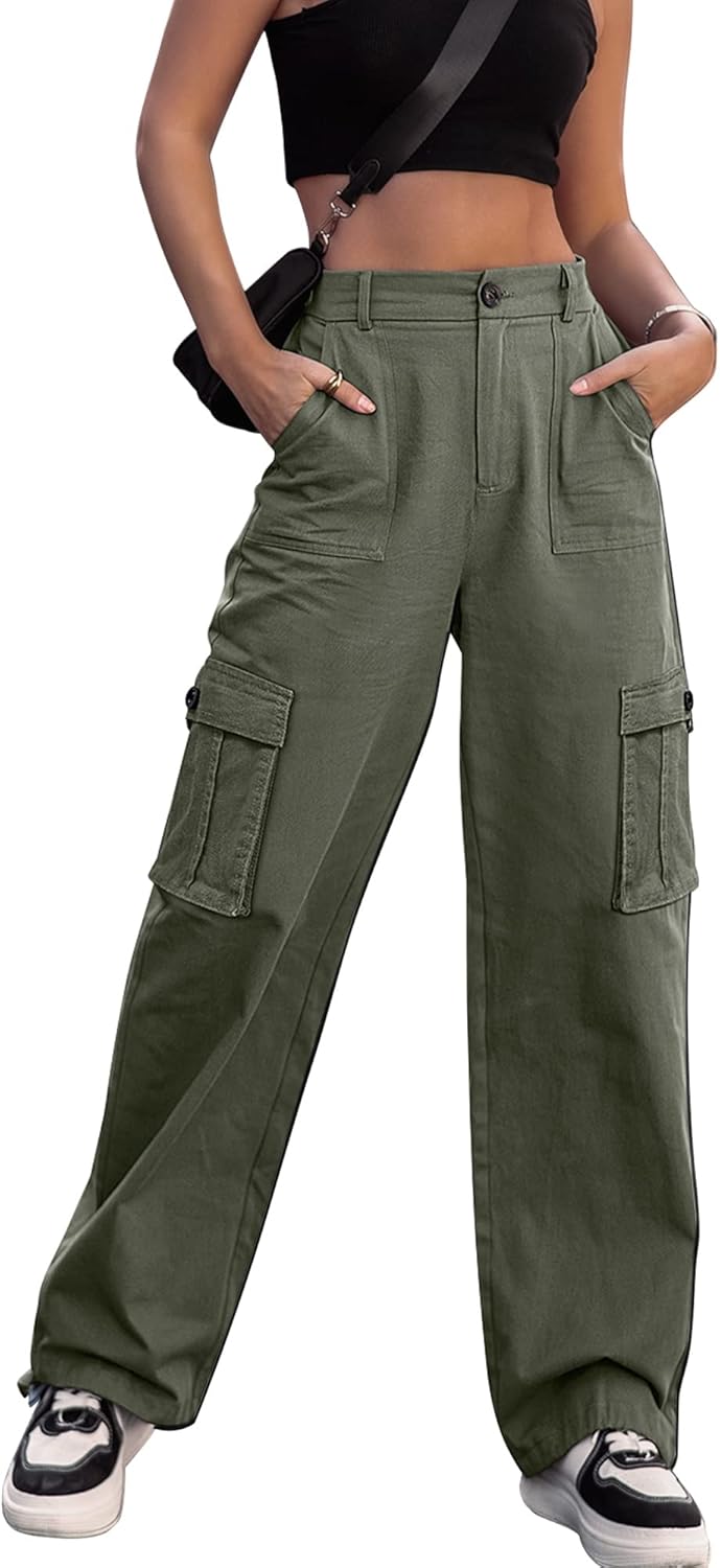 ZMPSIISA Women High Waisted Cargo Pants Wide Leg Casual Pants 6 Pockets Combat M...