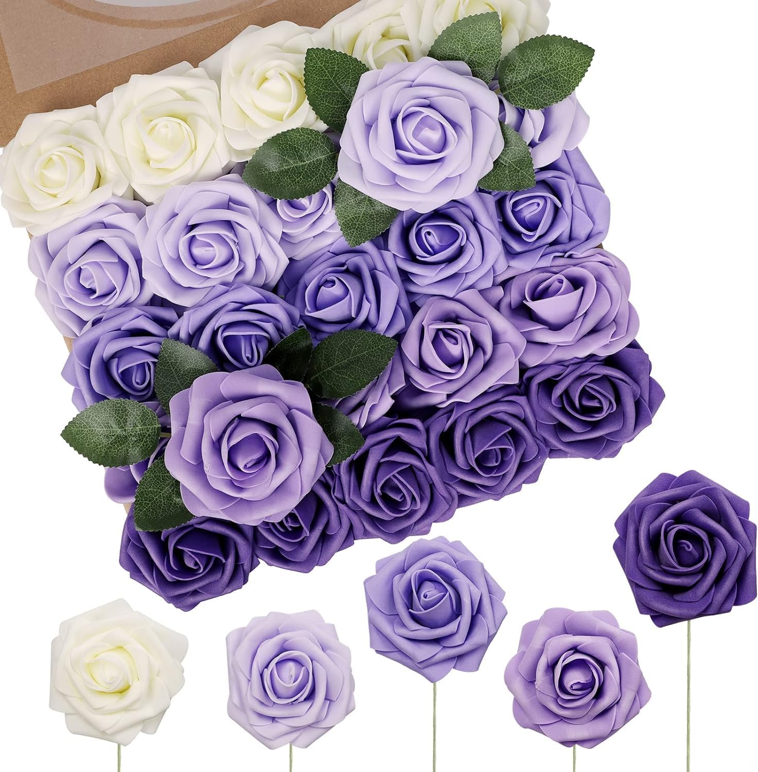 N&T NIETING Artificial Flowers 50Pcs Fake Foam Rose Purple Flowers with Stems La...