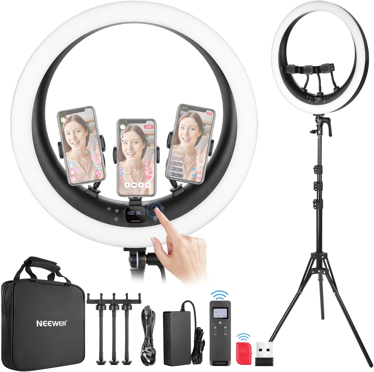 NEEWER 19 inch 2.4G Ring Light with Stand, 3 Phone Holders, 2.4G USB Transmitter...