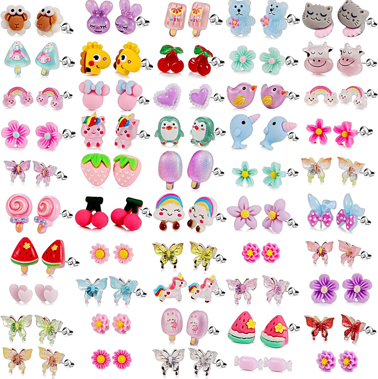 50 Pairs Colorful Cartoon Earring Set for Girls and Kid, Hypoallergenic Earrings...