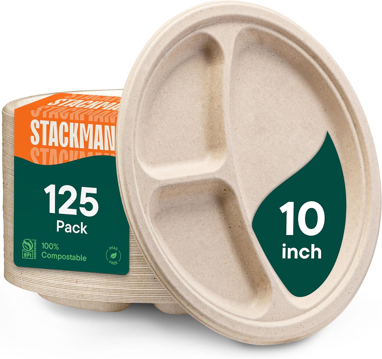 100% Compostable, 3 Compartment, Disposable Paper Plates [125-Pack] - {PFAS Free...