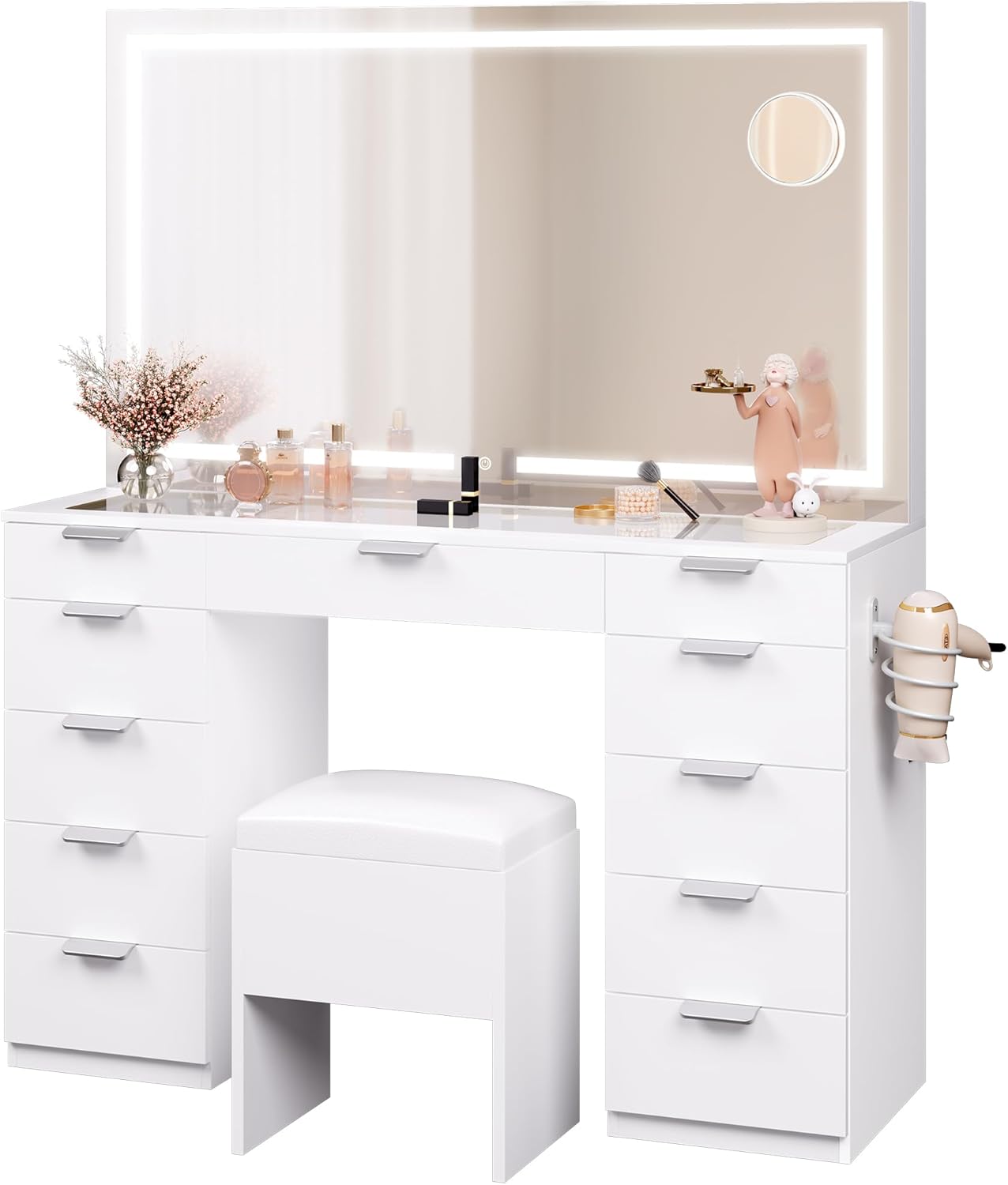 YITAHOME Dressing Table & Stool set,Vanity Table w/ 3-Color LED Lights Mirror,Li...