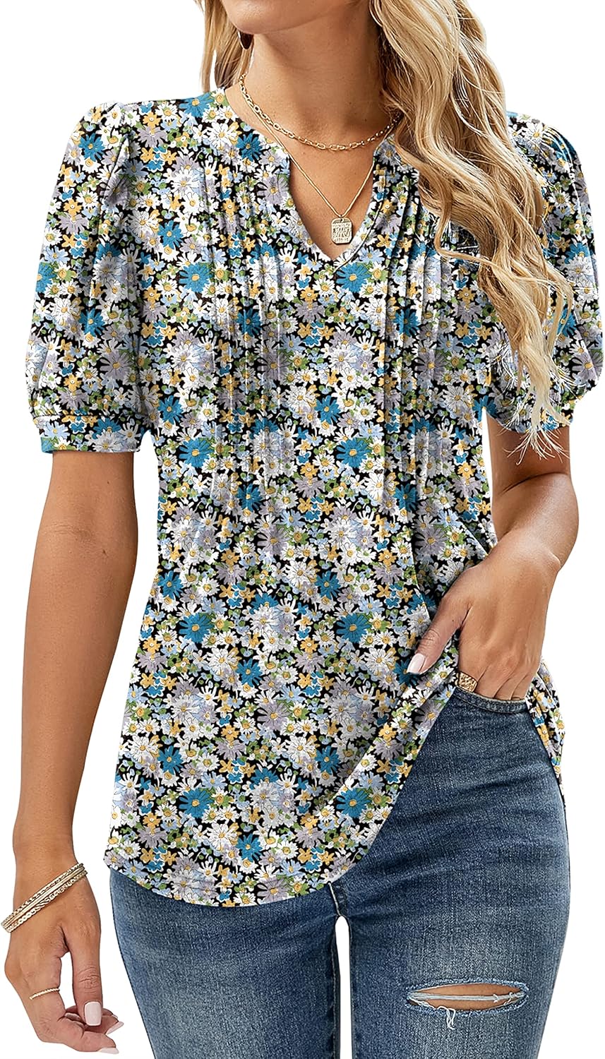 EFFAN Womens V Neck Tops Puff Short Sleeve T-Shirt Pleated Floral Printed Tunic...