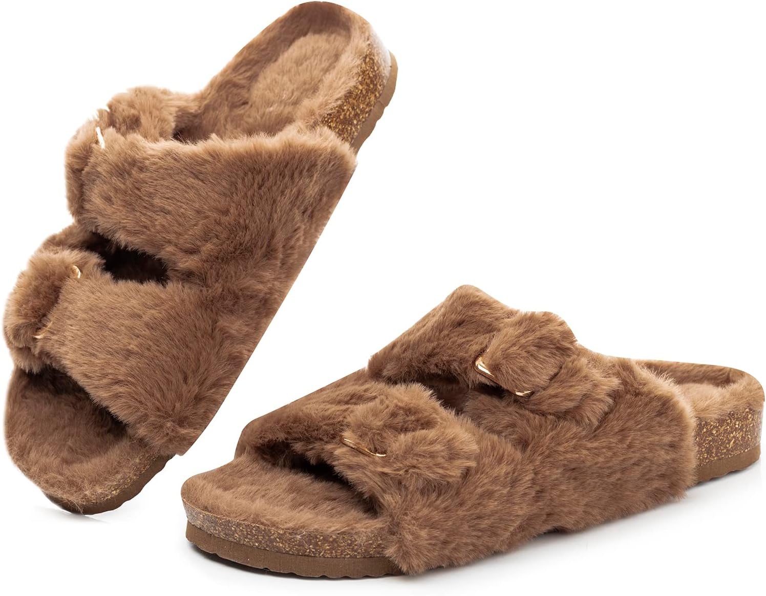 FITORY Womens Open Toe Slipper with Cozy Lining,Faux Rabbit Fur Cork Slide Sanda...
