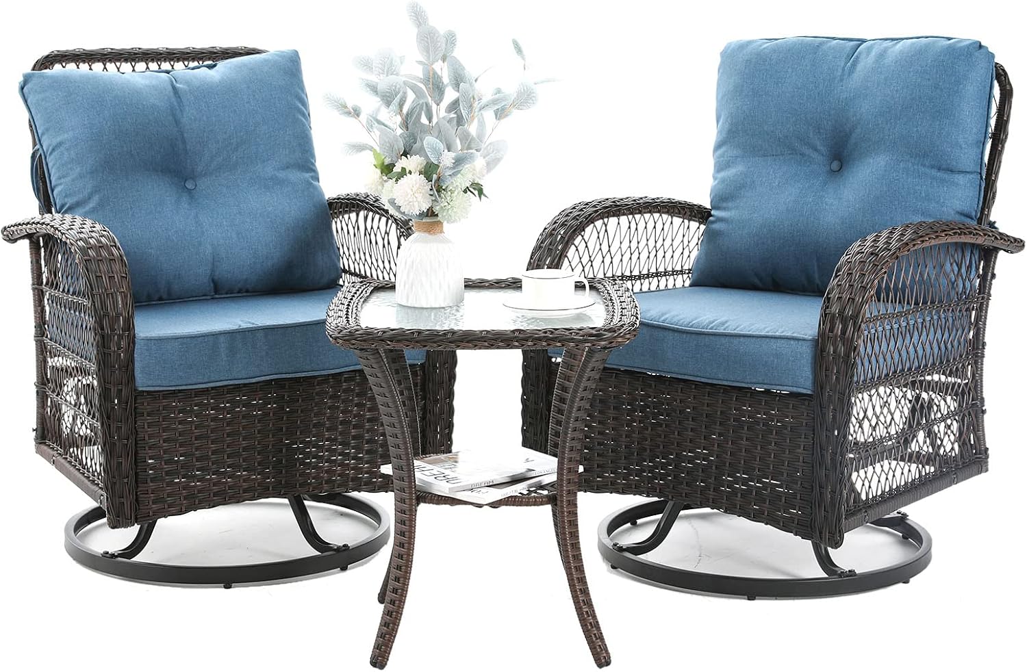 3 Pieces Patio Furniture Set, Outdoor Swivel Glider Rocker, Wicker Patio Bistro...