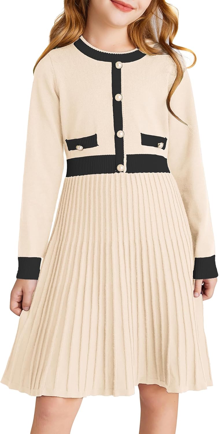 GRACE KARIN Girls Sweater Fall Dress Long Sleeve Knit A Line Contrast Casual Win...