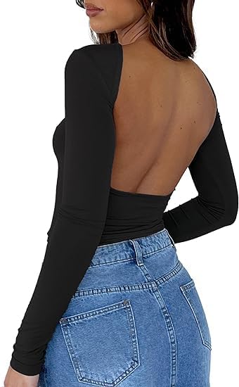 ForeFair Women Sexy Backless Short Sleeve Slim Fit Crewneck Summer Casual Y2K Cr...