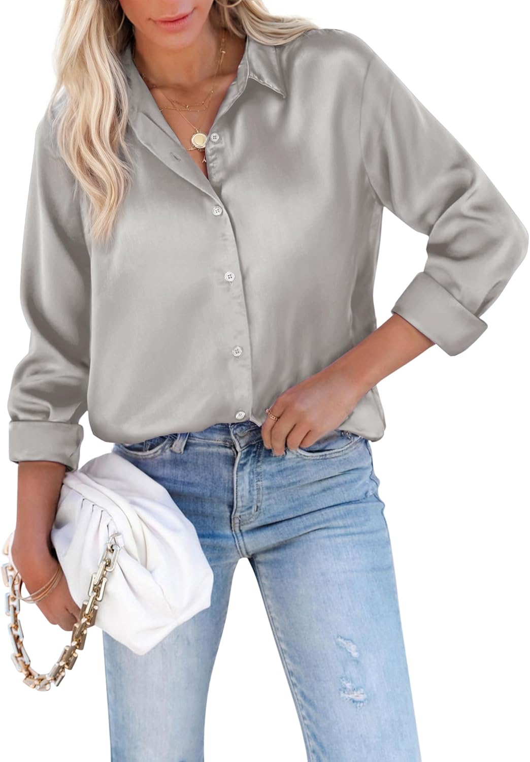 siliteelon Satin Blouses for Women Silk Button Down Shirts Casual Long Sleeve Sh...