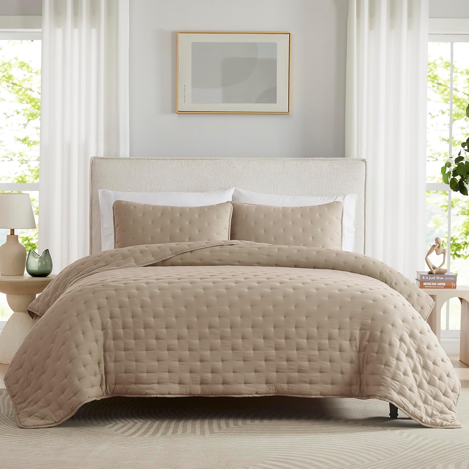 WDCOZY Beige Cloud Quilt Queen Size Bedding Set with Pillow Sham, Tan Puffy Cozy...
