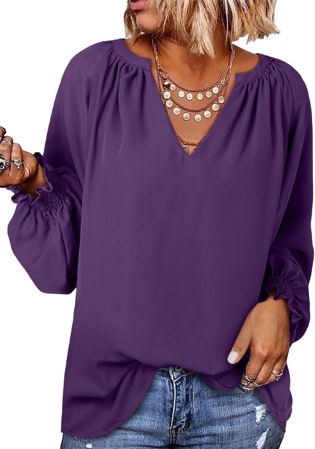 Dokotoo Womens Blouses Top Smocked Puff Long Sleeve Oversized Women's T-Shirts V...