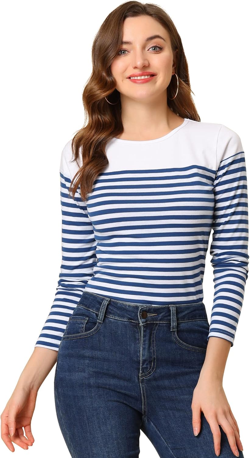 Allegra K Women's Long Sleeve Tops Slim Fit Round Neck Top Spring Fall Trendy Ca...