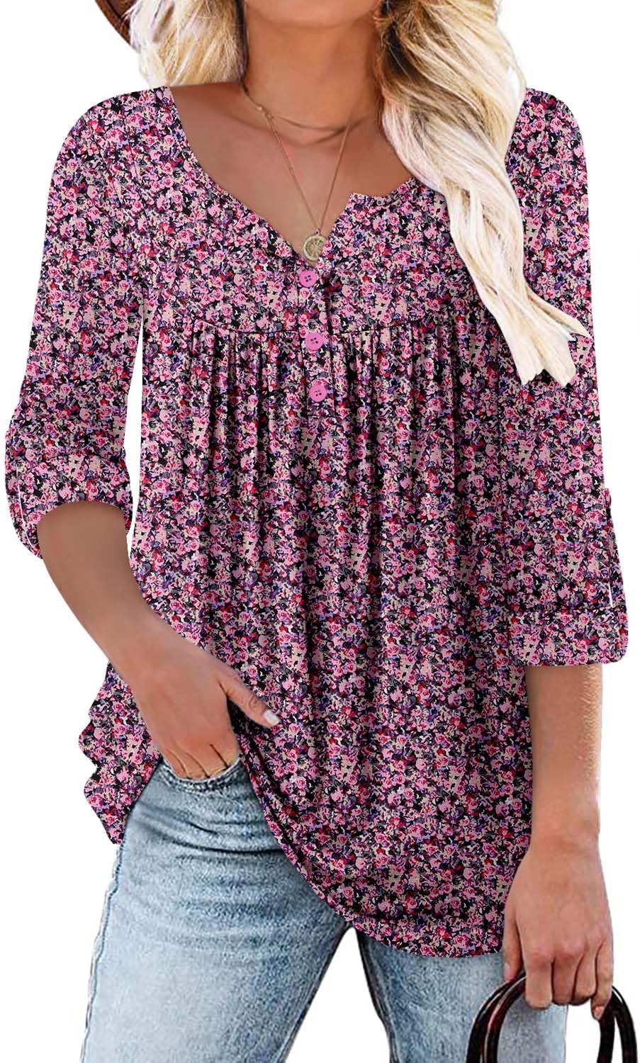 CHICZONE Ladies Tunic Tops Buttons Up Blouse Floral Printed Plain Pleated Womens...