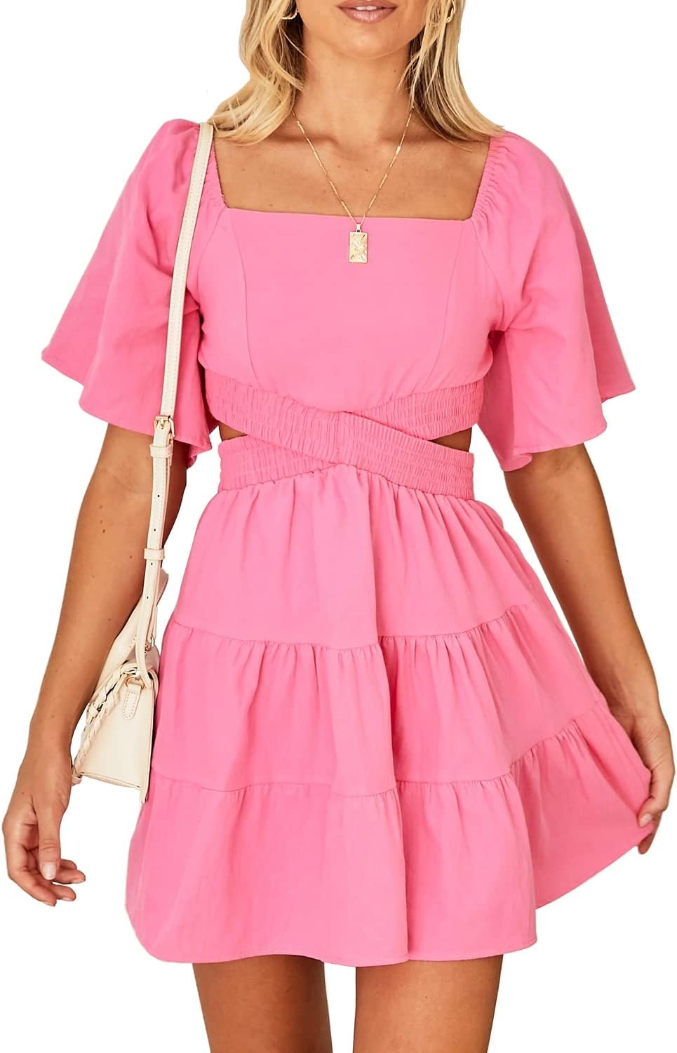 Shy Velvet Women's Summer Dress Square Neck Short Sleeves Crossover Waist Casual...
