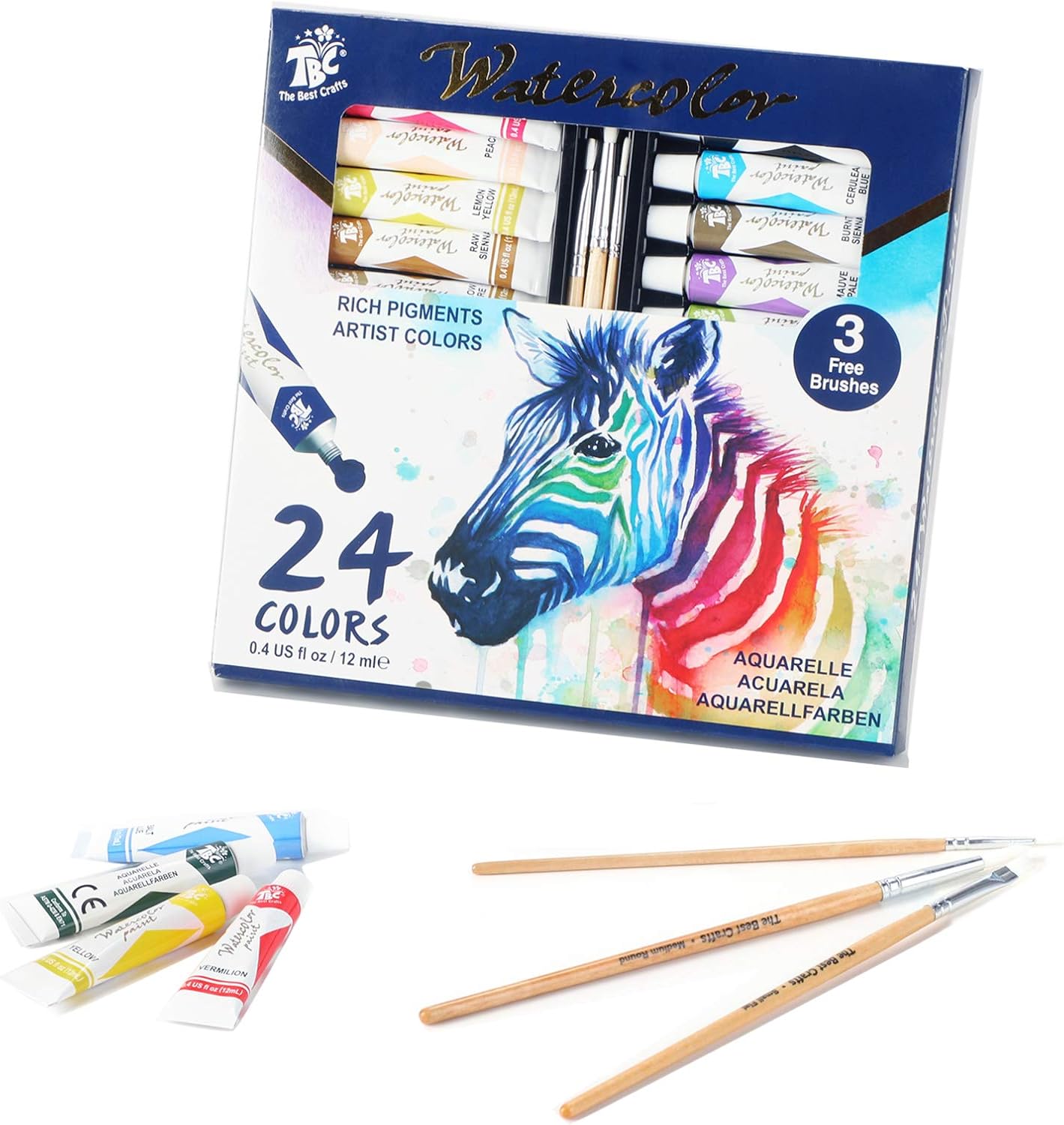 Watercolour Paint Set Professional Painting Suppliers Kit in 24 Tubes with 3 Pai...