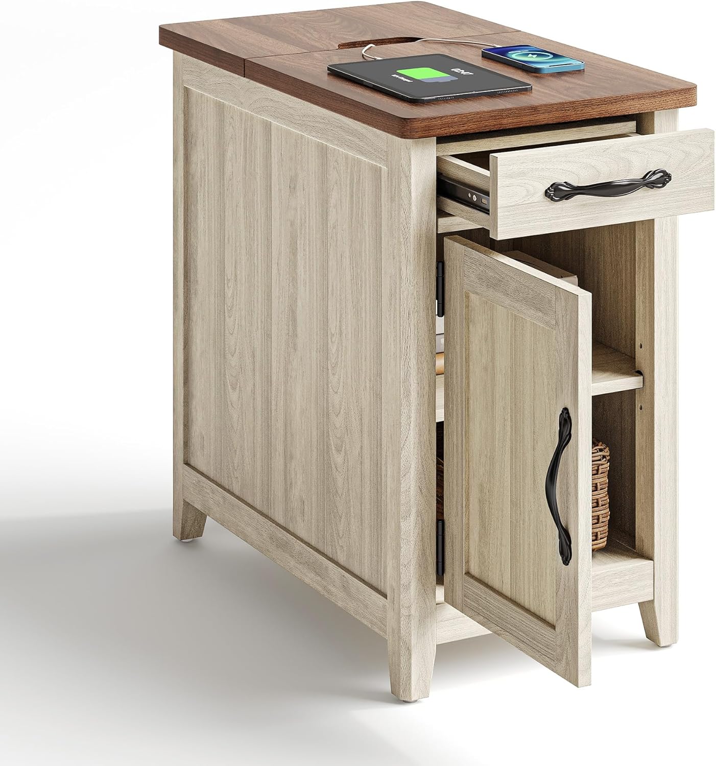 LINSY HOME Farmhouse End Table with Charging Station, Narrow Side Table for Livi...