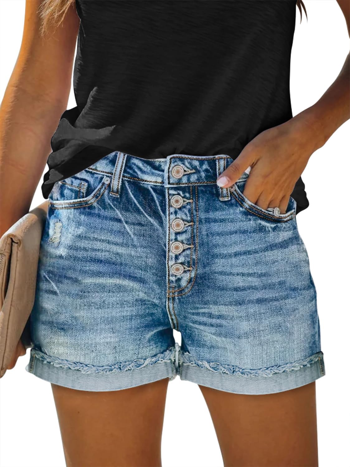 KISSMODA Denim Shorts Women Trendy Button Summer Cut Off Short Womens Jean Short...