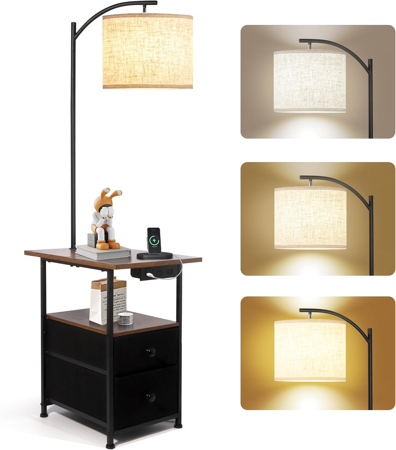 PESRAE Floor Lamp with Table & 2 Drawers, End Table with 3 Color Temperature Rea...