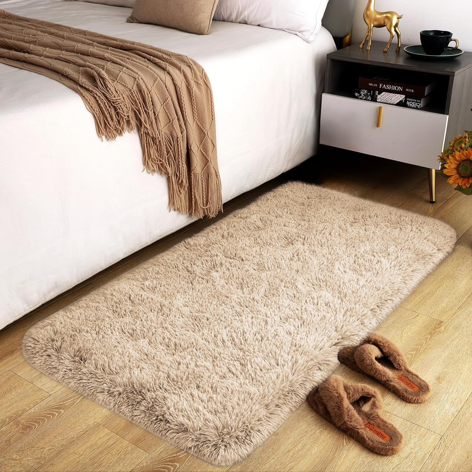 Hafaa Rugs Living Room – Beige Area Rugs for Bedroom Non Slip – Fluffy Shaggy Ru...