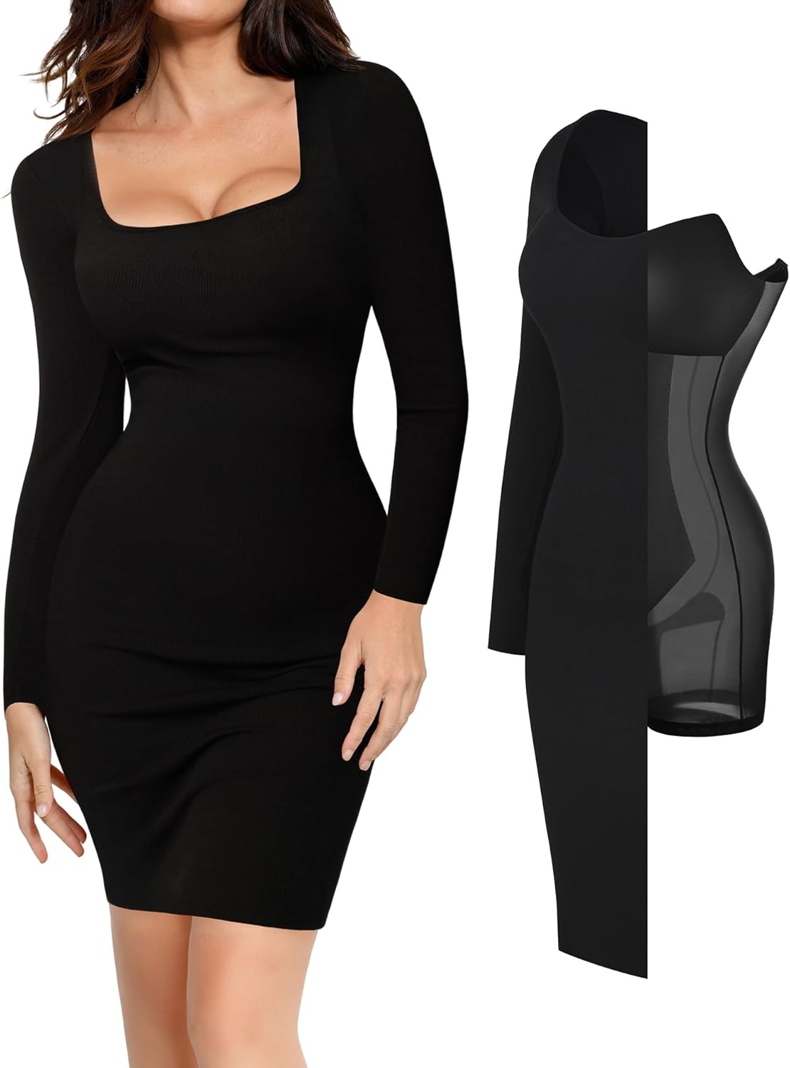 Popilush Long Sleeve Midi Dress Bodycon Party Dress Shapewear Tummy Control Cock...