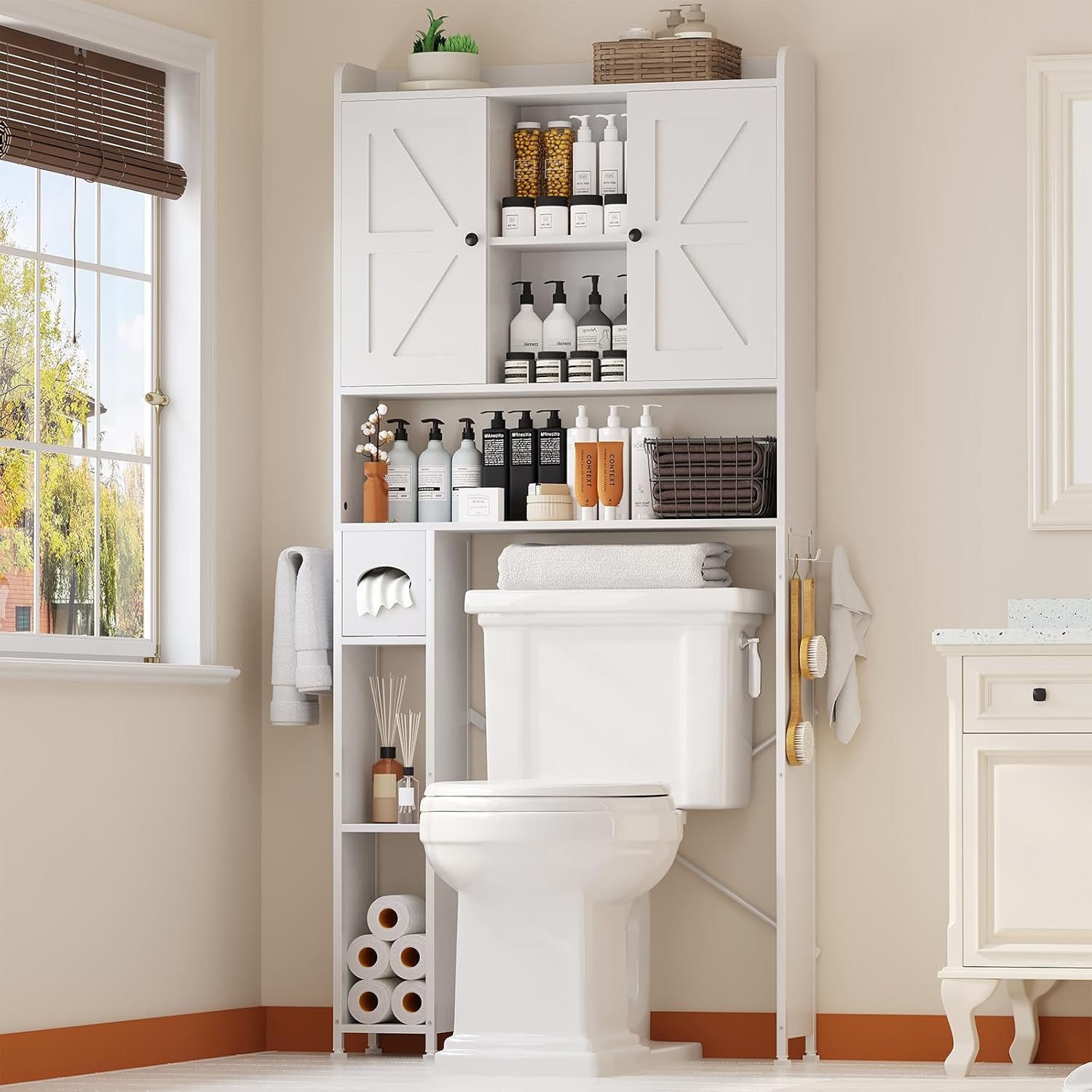 EasyCom Over The Toilet Storage Cabinet with Metal Frame and 7 Storage Shelves,...