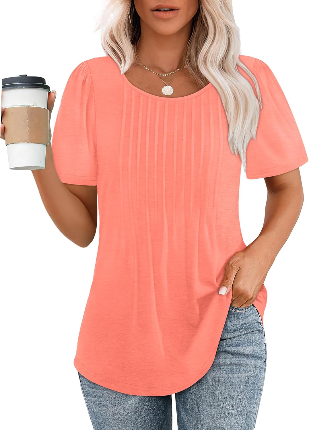 OFEEFAN Womens T Shirts Short Sleeve Pleated Dressy Casual Scooped Neck Summer T...