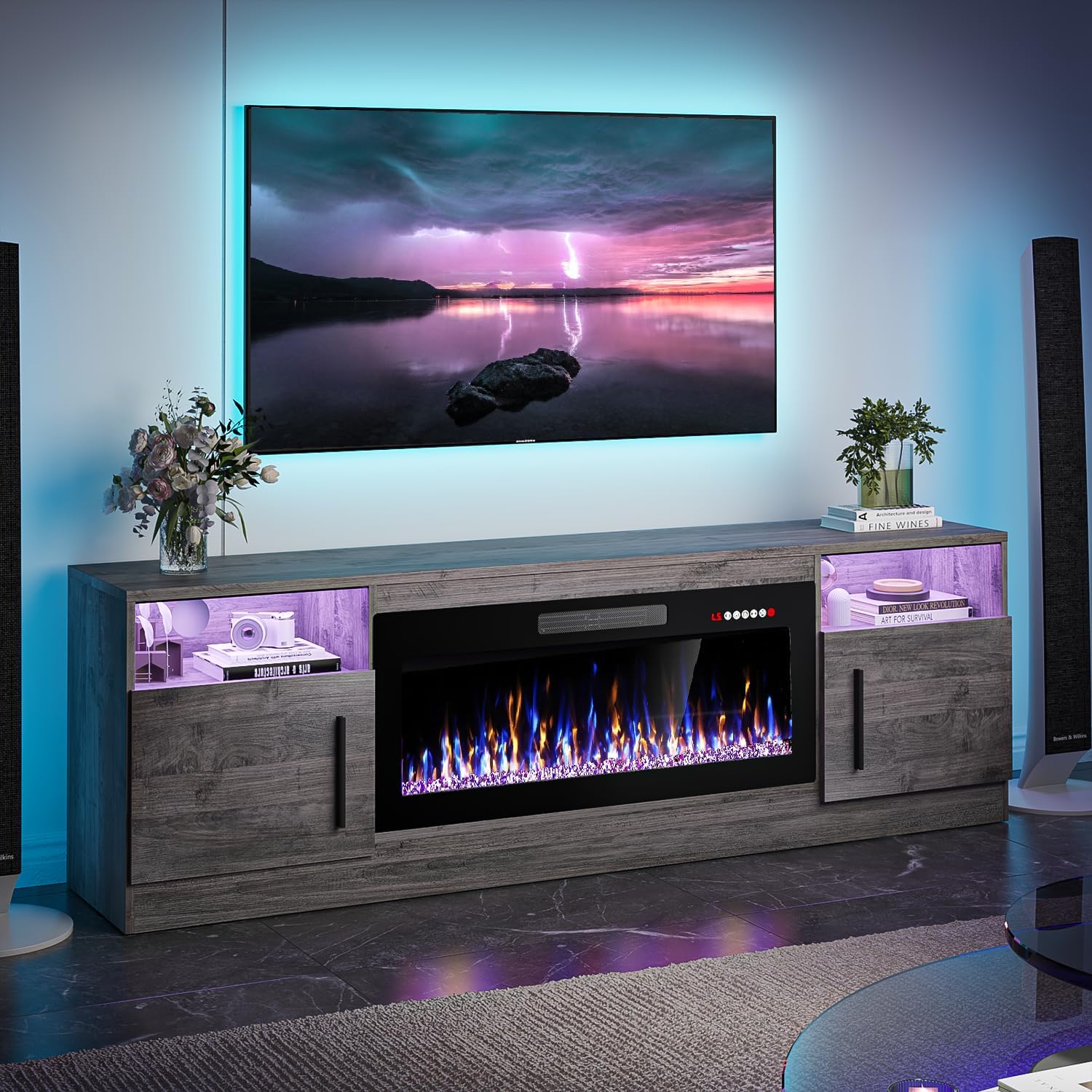 VITESSE TV Stand with 36" inch Electric Fireplace Up to 80" TVs, LED Light Enter...