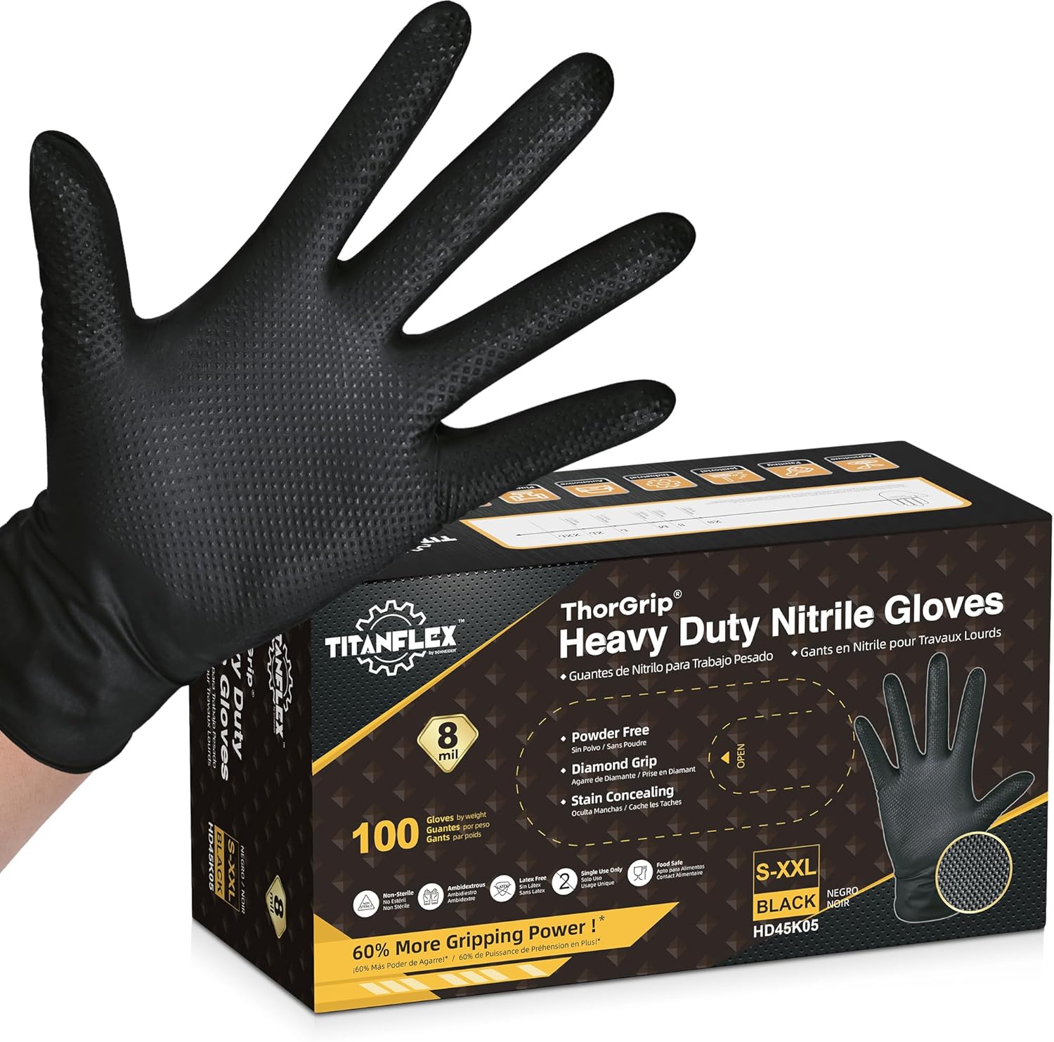TitanFlex Thor Grip Heavy Duty Black Industrial Nitrile Gloves with Raised Diamo...