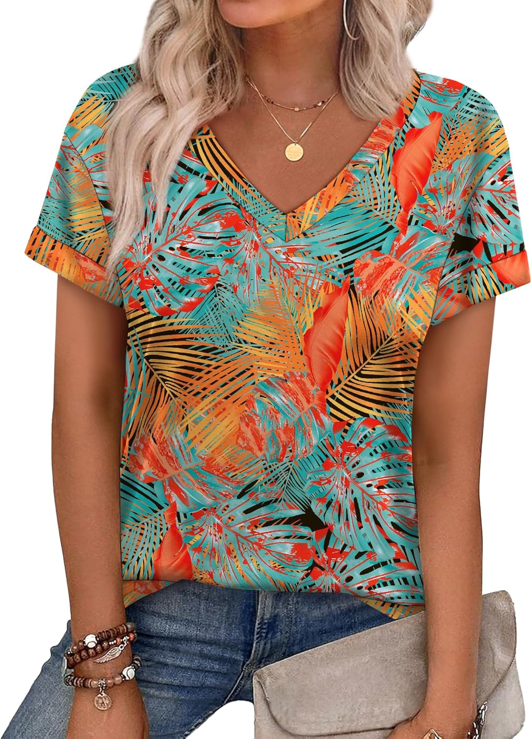 WEESO Womens T Shirts Short Sleeve Summer Tops Cute V Neck Casual Blouses Floral...
