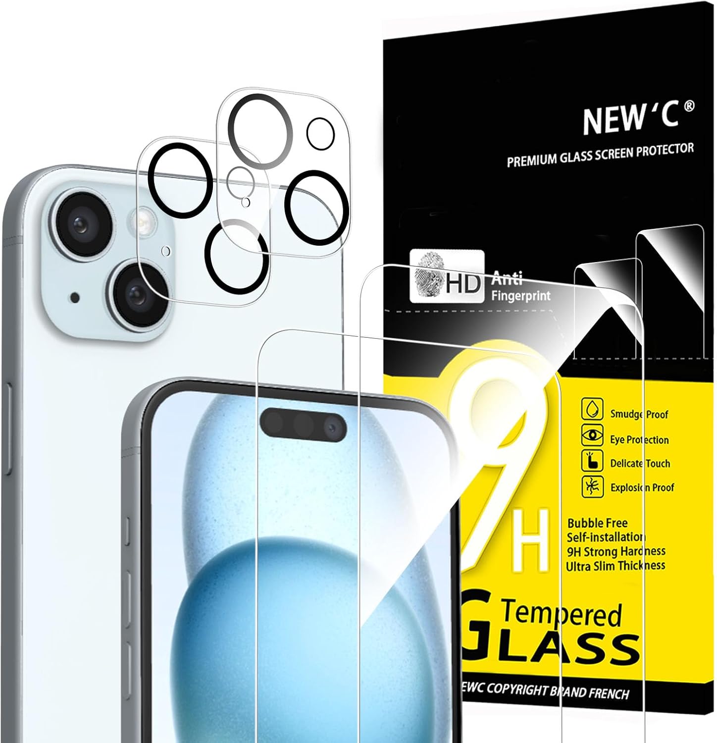 NEW'C 4 Pack, 2 Pack Screen Protector for iPhone 15 Plus [6.7 inch] + 2 Pack Cam...