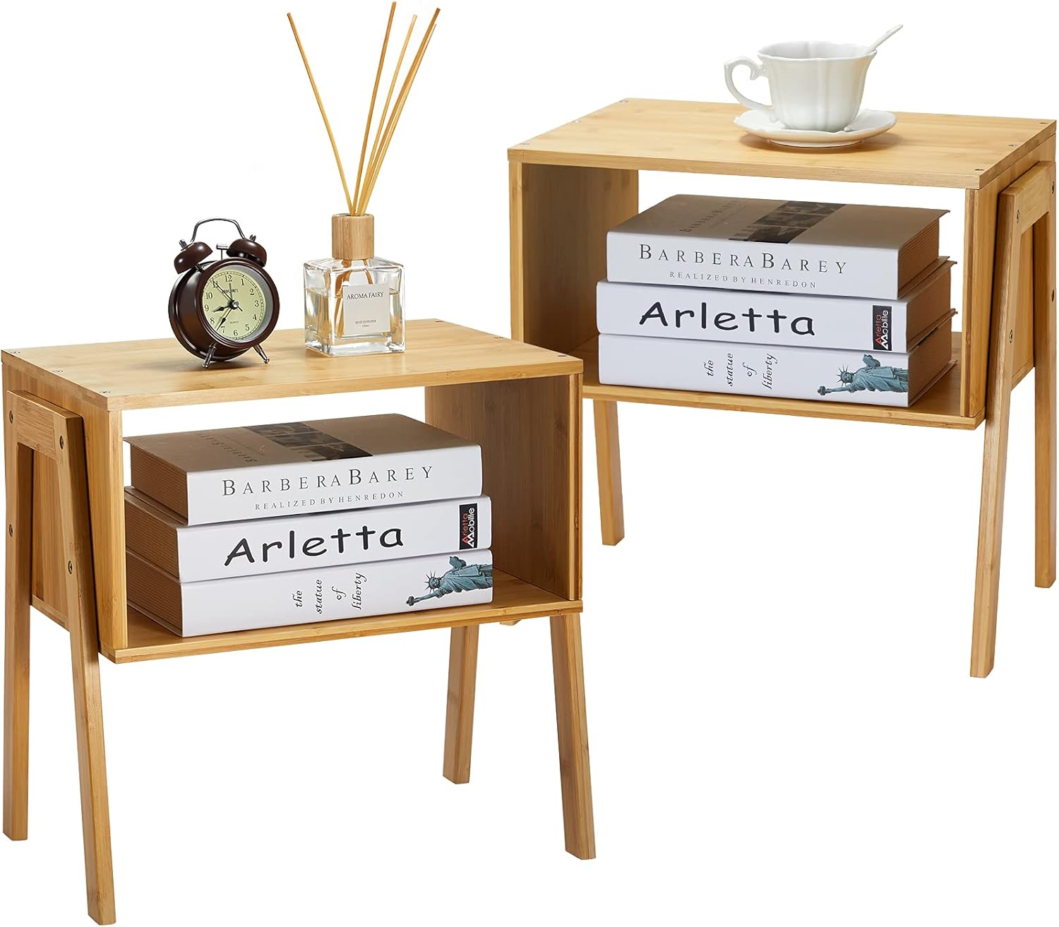 Pipishell Bamboo Stackable End Tables, Wood Living Room Nightstand, Bedside Tabl...